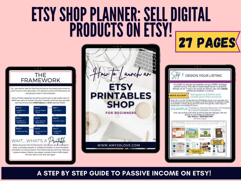 May include: A digital product planner for Etsy sellers, featuring a 27-page guide on how to launch an Etsy printables shop. The guide includes a framework for creating and selling digital products, a step-by-step guide to designing printables using Canva, and tips for creating a successful Etsy listing. The guide is titled "How to Launch an Etsy Printables Shop for Beginners" and includes the website address www.amyjolove.com.