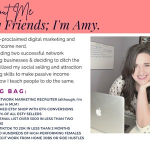 May include: A woman with long brown hair smiles at the camera while sitting at a desk with a laptop. The text "About Me Hey Friends; I'm Amy." is at the top of the image. The text "BRAG BAG" is in bold and followed by a list of accomplishments, including "TOP NETWORK MARKETING RECRUITER (although, I'm no longer in MLM)", "LAUNCHED ETSY SHOP WITH 67% CONVERSIONS", "TOP 20% OF ALL ETSY SELLERS", "GREW EMAIL LIST OVER 3000 IN LESS THAN TWO MONTHS", "GREW TIKTOK TO 20K IN LESS THAN 2 MONTHS", "HELPED HUNDREDS OF HIGH-PERFORMING FEMALES FIND LEGIT WORK FROM HOME JOBS OR SIDE HUSTLES".