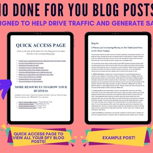 May include: A digital tablet screen displaying a blog post titled "3 Places You're Leaving Money on the Table (and How to Fix Them Today)". The blog post is about how to make more money in business. The screen also shows a quick access page to view all the blog posts.