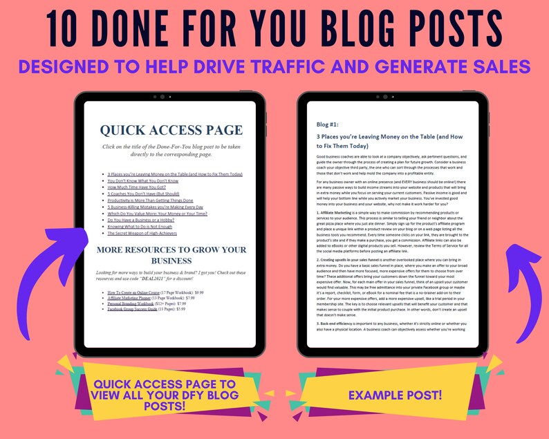 May include: A digital tablet screen displaying a blog post titled "3 Places You're Leaving Money on the Table (and How to Fix Them Today)". The blog post is about how to make more money in business. The screen also shows a quick access page to view all the blog posts.