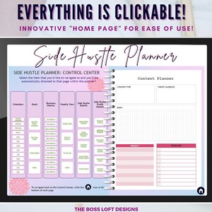 May include: A digital planner with a pink and blue cover that says "Side Hustle Planner" and features a control center with clickable sections for calendars, goals, business metrics, weekly view, side hustle details, and side hustle profit details. The planner also includes a content planner section with areas for content type, target audience, ideas, priority, and a to-do list.
