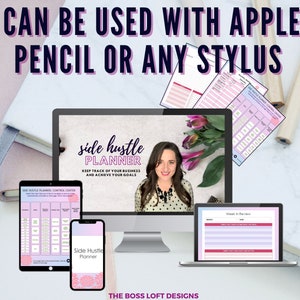May include: A digital planner for side hustles with a pink and purple color scheme. The planner is displayed on a computer screen, tablet, and phone. The text on the screen reads "side hustle planner keep track of your business and achieve your goals". The text on the tablet reads "side hustle planner control center". The text on the phone reads "side hustle planner".