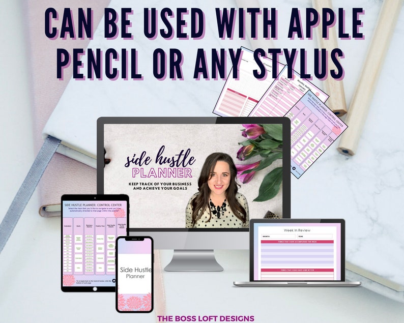 May include: A digital planner for side hustles with a pink and purple color scheme. The planner is displayed on a computer screen, tablet, and phone. The text on the screen reads "side hustle planner keep track of your business and achieve your goals". The text on the tablet reads "side hustle planner control center". The text on the phone reads "side hustle planner".