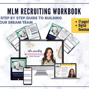 Pode incluir: Uma imagem mostrando um Manual de Recrutamento MLM digital, exibido em vários dispositivos, incluindo um computador, tablet e smartphone. A capa do manual apresenta uma mulher e o título "MLM Recruiting Workbook". A imagem também destaca "17 páginas!" e "Download digital".