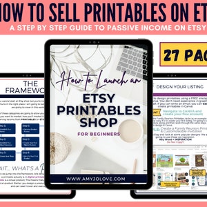 May include: A digital guide with a pink and white background, showing a laptop screen with the text "How to Launch an Etsy Printables Shop for Beginners" and a 27-page guide with the text "Design Your Listing" on the screen. The guide includes a step-by-step framework for creating and selling printables on Etsy.