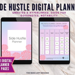 May include: A digital planner for side hustles, with a pink and blue gradient background and floral accents. The planner is undated and hyperlinked, and is compatible with Goodnotes and Notability. The planner includes a control center with sections for calendars, goals, business metrics, weekly view, side hustle details, and side hustle profits.