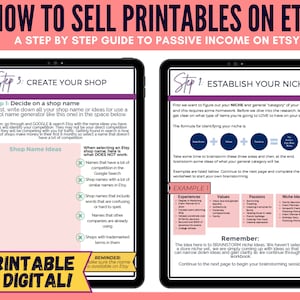 May include: Two pages of a guide on how to sell printables on Etsy. The first page is titled "Create Your Shop" and includes a list of shop name ideas. The second page is titled "Establish Your Niche" and includes a table with the headings "Experiences", "Values", "Passions", and "Niche Ideas".