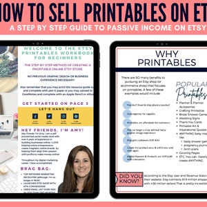 May include: Two digital tablet screens with pink backgrounds. The left screen shows a woman with a pink background and the text "Welcome to the Etsy Printables Workbook for Beginners". The right screen shows the text "Why Printables" and a list of benefits of selling printables on Etsy. The text "Popular Printables" is also shown with a list of popular printable categories.
