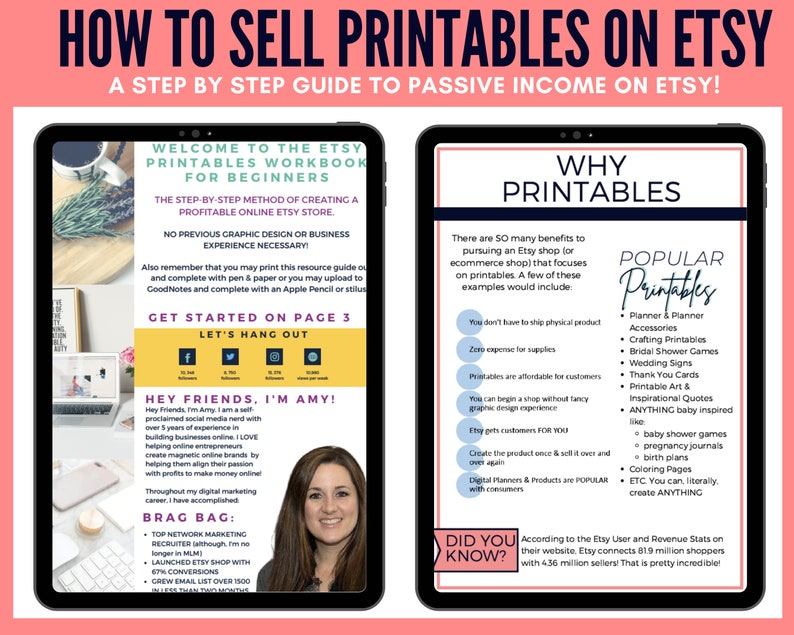 May include: Two digital tablet screens with pink backgrounds. The left screen shows a woman with a pink background and the text "Welcome to the Etsy Printables Workbook for Beginners". The right screen shows the text "Why Printables" and a list of benefits of selling printables on Etsy. The text "Popular Printables" is also shown with a list of popular printable categories.