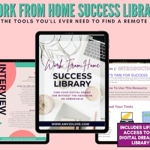 May include: A digital product mockup with a pink background. The product is a digital library for finding remote jobs. The library includes a guide to interview questions and answers, a guide to finding a digital dream job, and an introduction to the library. The text on the mockup reads "Work From Home Success Library", "Interview Q&A Guide", "Work From Home Success Library", and "Includes Lifetime Access to the Digital Dream Job Library!"