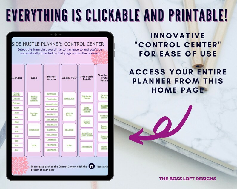 May include: A digital planner for side hustles with a pink and purple color scheme. The planner is divided into sections for calendars, goals, business metrics, weekly view, side hustle details, and side hustle profit details. The text "Everything is clickable and printable!" is at the top of the image. The text "Innovative "Control Center" for ease of use" is in the upper right corner of the image. The text "Access your entire planner from this home page" is in the lower right corner of the image. The text "The Boss Loft Designs" is at the bottom of the image.
