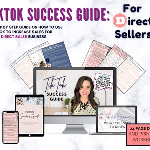 Pode incluir: Um guia digital e um caderno de exercícios para vendedores diretos sobre como usar o TikTok para aumentar as vendas. O guia inclui um caderno de exercícios imprimível de 24 páginas e um tutorial em vídeo. A capa apresenta uma mulher em frente a uma tela de computador com o texto "TikTok Success Guide" na tela.