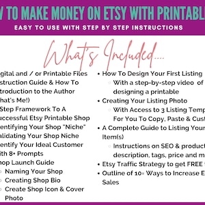 May include: A pink and white graphic with the text "How to Make Money on Etsy with Printables" and "What's Included..."  The graphic lists steps and tips for creating and selling printable products on Etsy.