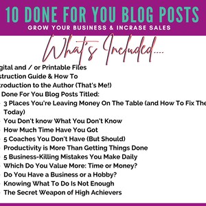 May include: A pink and teal graphic with the text "10 Done For You Blog Posts" and "Grow Your Business & Increase Sales". The graphic lists 10 blog post titles for growing a business.