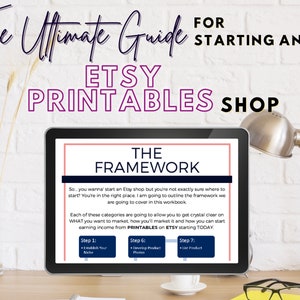 May include: A computer screen displaying a guide for starting an Etsy shop selling printable products. The guide outlines a framework for establishing a niche, developing product photos, and listing products. The text on the screen reads "The Ultimate Guide for Starting an Etsy Printables Shop" and "The Framework".