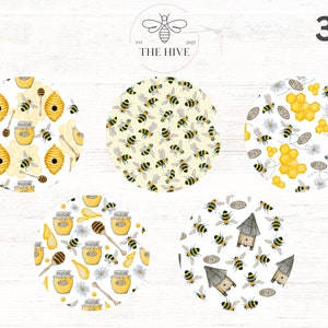May include: Five 3-inch round stickers with different bee-themed designs. The designs include bees, honeycombs, jars of honey, and flowers. The stickers are printed on white paper with a glossy finish.