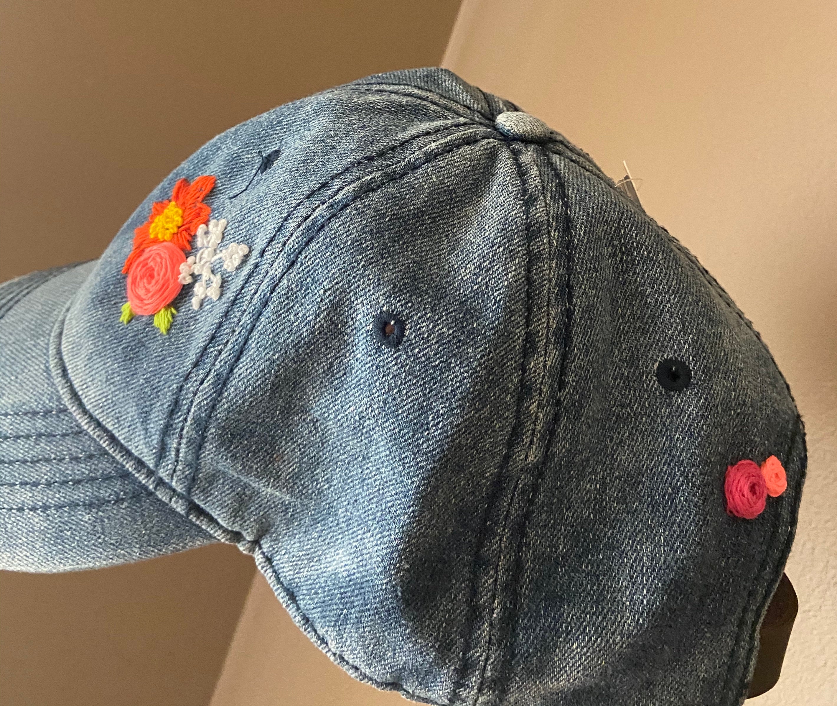 Embroidered Denim Hat Etsy