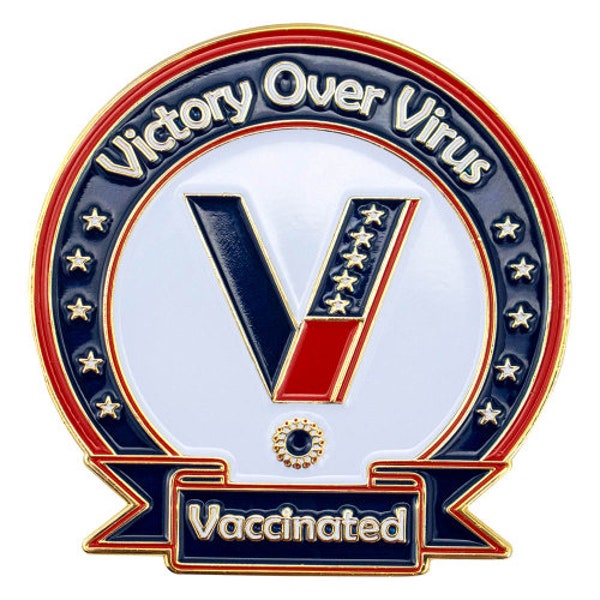 COVID-19 Vaccinated Iron Pin |Victory Over Virus Pin |Perfect Gift |American Flag Theme |Memento |Lightweight|Magnetic Back