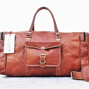 Personalized Handmade Small Duffel Bag | Rustic Brown Genuine Leather Standard Duffle, Large Holiday Luggage Travel Men&#39;s Bag Gift for Him