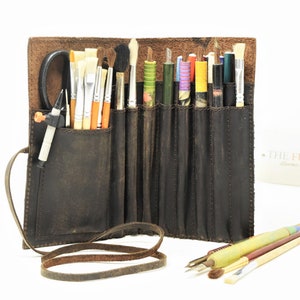 Handmade Leather Artist Pouch Tools and Pencil Pouch Accessories in Brown Leather Roll Case Paint Brush Pen Holder - D-Mac #FS518