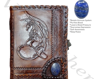 DnD Book Dungeon Master, Handmade Leather Celtic Dragon Journal, Real Leather Notebook, Journal, Sketchbook, Healing Crystal Stone Journal