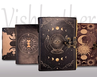 Carnet en cuir personnalisé, Grimoire Leather journal moon Print journal Blank Spell Book Livre d’ombres Cadeaux en cuir pour son carnet