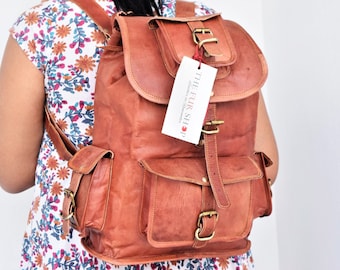 College Leather Bagpack For Woman, Leather Bag Genuine Brown Leather Rucksack | Girl Backpack, Vintage Weekender Travel Bagpack Leather Gift