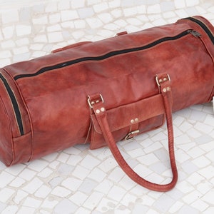 Leather Duffle Bag, Personalized Leather Weekender Barrel Bag, Full Grain Leather Holiday, Overnight Bag, Gym Men&#39;s Duffle Bag, Round Duffel