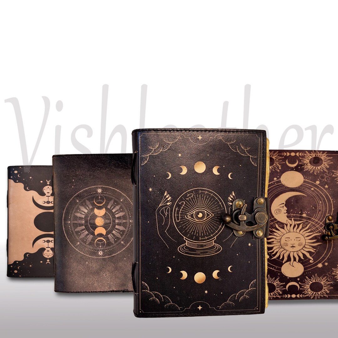 Leather Notebook Personalized, Grimoire Leather Journal Moon Print ...