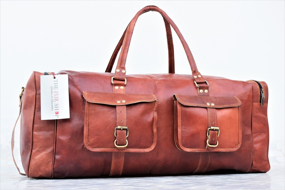 Vintage Style Leather Duffel Bag for Men Full Grain High Quality Duffel Travel Bag, Brown