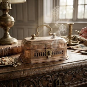 May include: A rectangular brass incense burner box with a decorative handle and a latch closure. The box features perforated side vents and emits a thin trail of smoke from the top. It has a weathered metallic finish and sits on a wooden surface.
