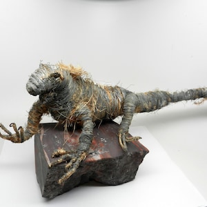 May include: A wire sculpture of an iguana, resting on a dark, rectangular stone. The iguana is crafted from silver and tan wire, with detailed claws and a textured body. The sculpture is set against a white background.