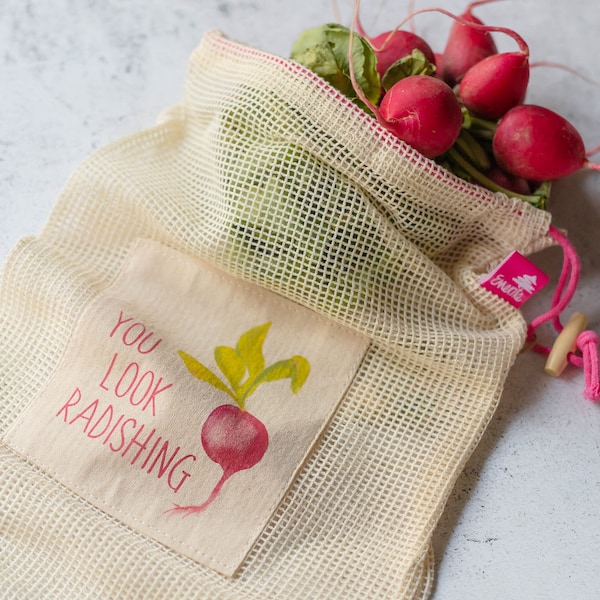 Reusable Produce Bag - You Look Radishing, produce bag, reusable grocery bag, bulk food bag, vegetable bags, dry goods bag, mesh bag