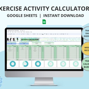 Op de afbeelding: Een computerscherm dat een Google Sheet toont met de titel "Sample Activity Calculator". De sheet is een workouttracker met secties voor dagelijkse oefening, wekelijks record en verbrande calorieën. De sheet bevat een cirkeldiagram om de voortgang bij te houden.