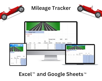 May include: A computer screen and laptop display a spreadsheet with the title "Mileage Tracker". The spreadsheet is used to track mileage, expenses, and other data related to driving. The image also includes a red toy car and the text "Excel™ and Google Sheets™".