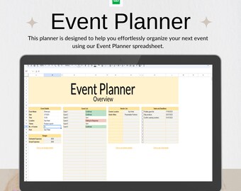 以下が含まれることがあります： 「イベントプランナー」というタイトルのGoogleスプレッドシートのスクリーンショット。黄色の背景に、イベントの詳細、ゲストリスト、ベンダーリスト、タスクと締め切りに関するセクションがあります。