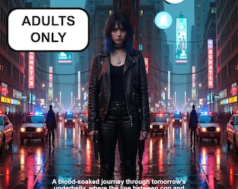 May include: Digital artwork featuring a woman in a black leather jacket and pants, holding a gun, standing in a city street with police cars. The image includes the text "Chrome Bloood" and "ADULTS ONLY". The bottom of the image has text that reads "A blood-soaked journey through tomorrow's underbelly, where the line between cop and criminal is written in code, and trust is the most expensive currency of all."