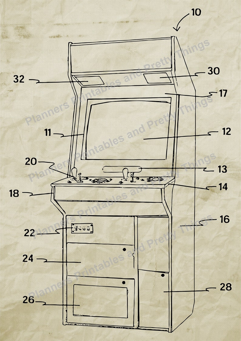 Retro Arcade Machine Art Prints: Engineering Drawing Home Decor (set of ...