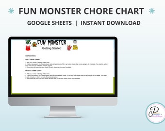 May include: A computer screen displaying a printable chore chart for kids. The chart is titled "Fun Monster Chore Chart" and features colorful cartoon monsters. The chart includes instructions for setting up a daily and weekly chore chart.