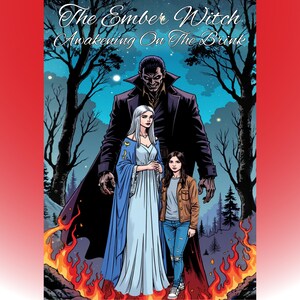 Könnte beinhalten: Comic-Cover-Illustration mit drei Figuren in einer Waldszene mit Flammen. Der Titel "The Ember Witch Awakening On The Brink" ist in dekorativer Schrift geschrieben. Eine große, dunkle Gestalt steht hinter zwei Frauen.