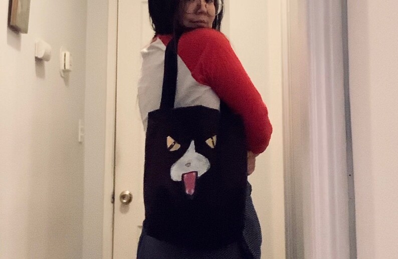 Angry Cat Face Black Shoulder Bag with Black Straps