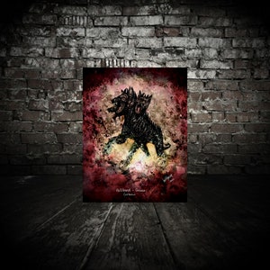 May include: A rectangular art print featuring a dark, textured illustration of a three-headed dog, Cerberus, set against a deep red and black splattered background. The text "Hellhound - Greece Cerberus" is printed at the bottom center.