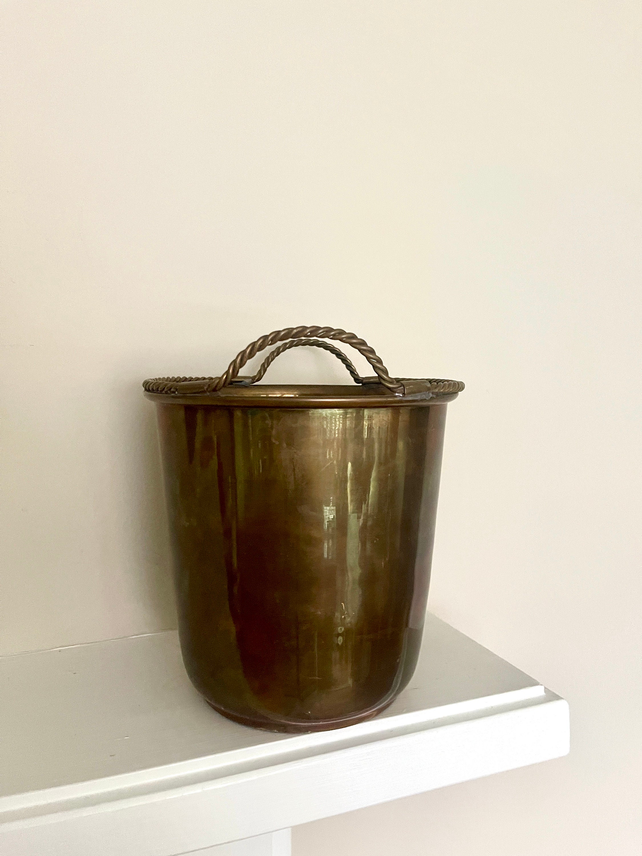 Vintage Brass Garbage Can With Twisted Handles, Antique Twisted Handle