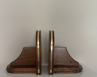 Pair of Vintage Wooden Bookends or Wall Mounted Shelves with Gold Rim, Wood Home Decor, Small Wooden Plant Shelf, Plant Holder