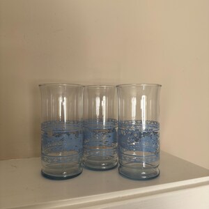 Zestaw Vintage 3 Libbey Blue 14oz Floral Glass Tumblers, Flower Glassware, Akcesoria do wózków kawowych, Przezroczyste szklane kubki, Wiosenny wzór kwiatowy