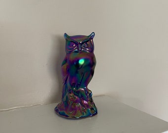 6-1/4 Fenton Owl Purple Iridescent Amethyst Carnival Glass, Collectible Glassware, Animal Figurine, Vintage Knick Knacks