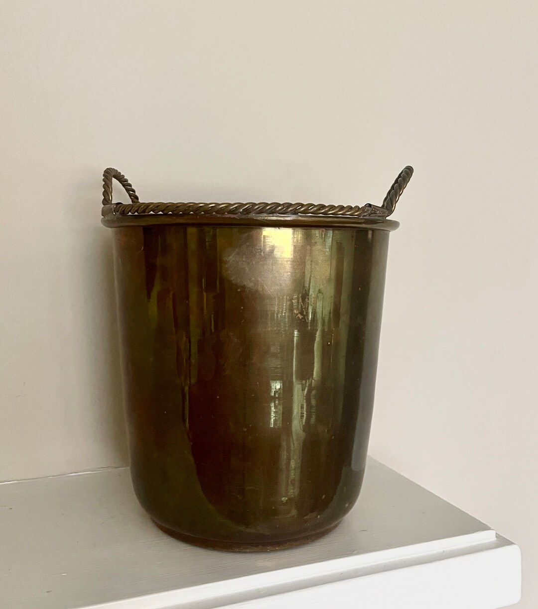 Vintage Brass Garbage Can With Twisted Handles, Antique Twisted Handle