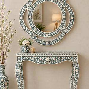 Teal Bone Inlay Interlocking Wall Mirror | Floral Vine Accent Decor