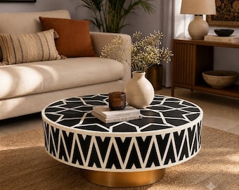 Handmade Black White Bone Inlay Round Coffee Table – Geometric Indian Boho Decor