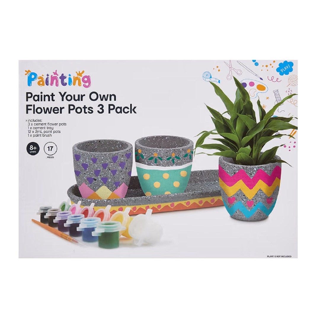 Flower Pots DIY Paint Your Own Pots 3x Cement Pots & Paint Full Kit